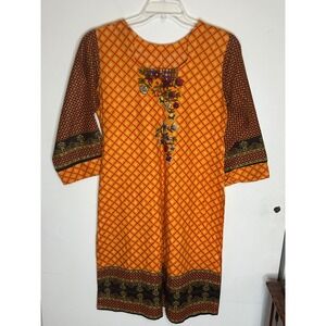 Womens Orange Embroidered Dress, 3/4 Sleeve,‎ Patterned, Casual, Unique, Vibrant